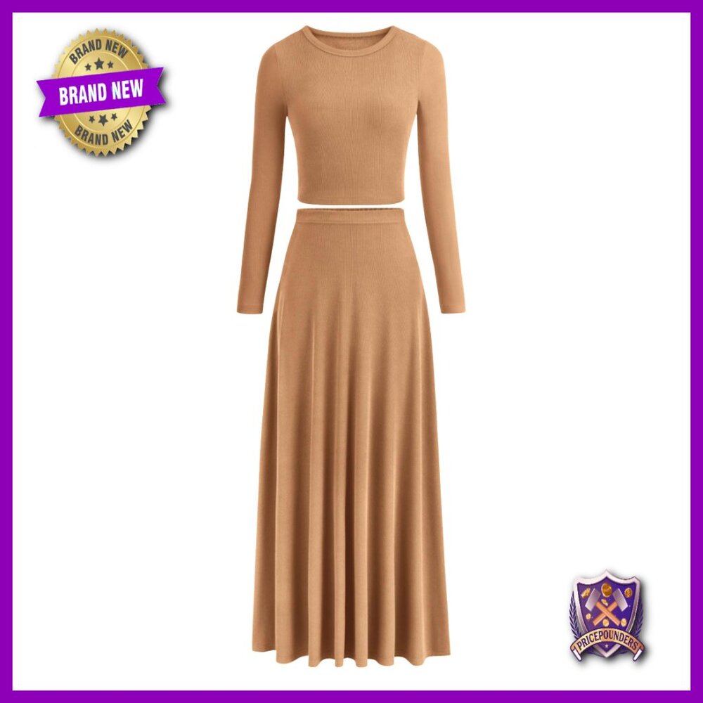 Ribbed Knit Crop Top Maxi Skirt Set, 2 Piece Outfit, Long Sleeve, A-Line